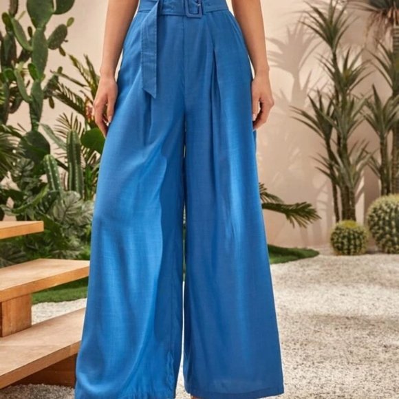 Blue wide legged belted pants SS 22 - Picture 4 of 6